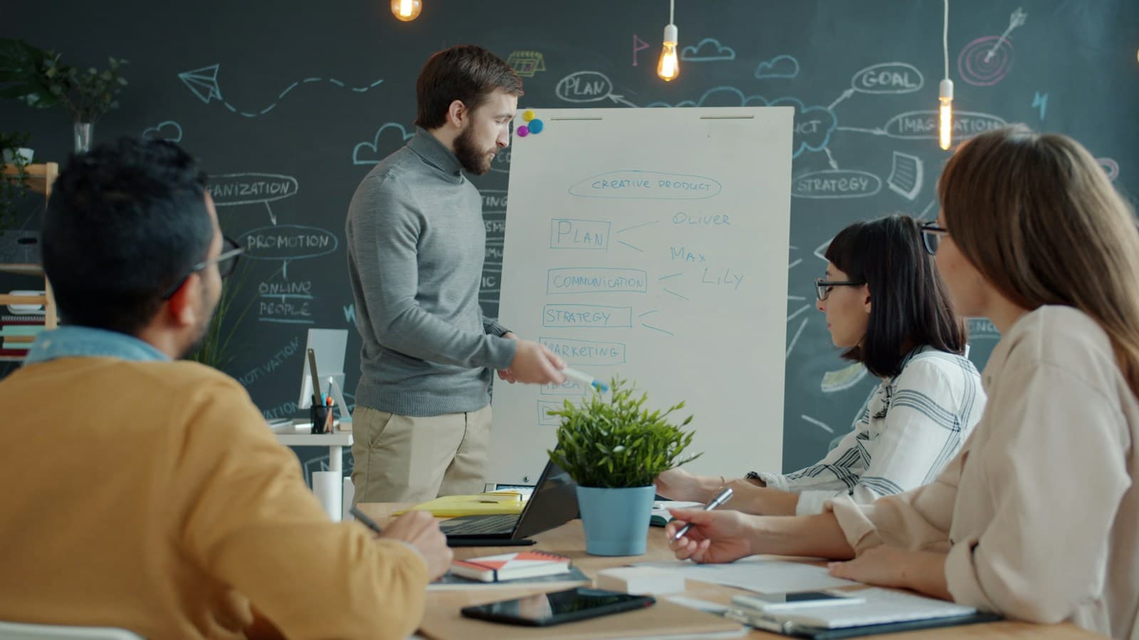 Colleagues discussing a marketing plan around a whiteboard