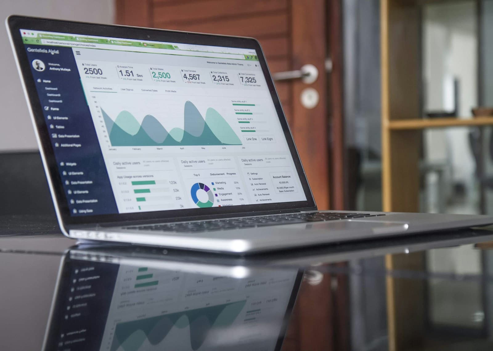 A business application dashboard with charts and reports